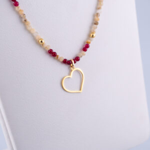 GARGANTILLA DE JASPE Y GRANATE 2MM CON DIJE CORAZÓN Y BOLITAS